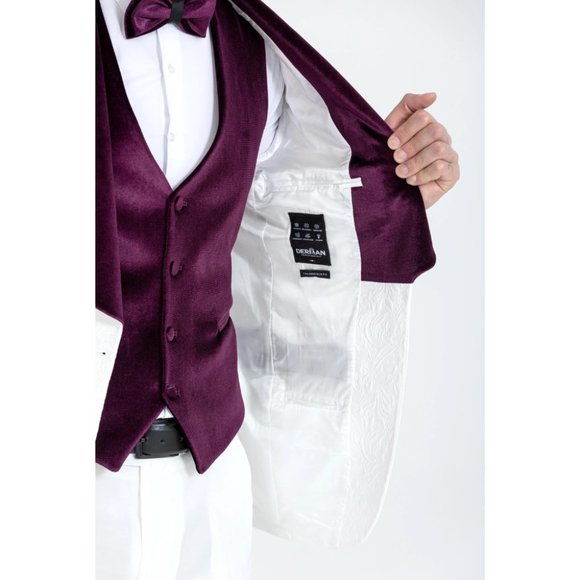 Derman Burgundy Luxury Floral Textured Velvet Collar 3 Piece Tuxedo - Picture 7 of 7